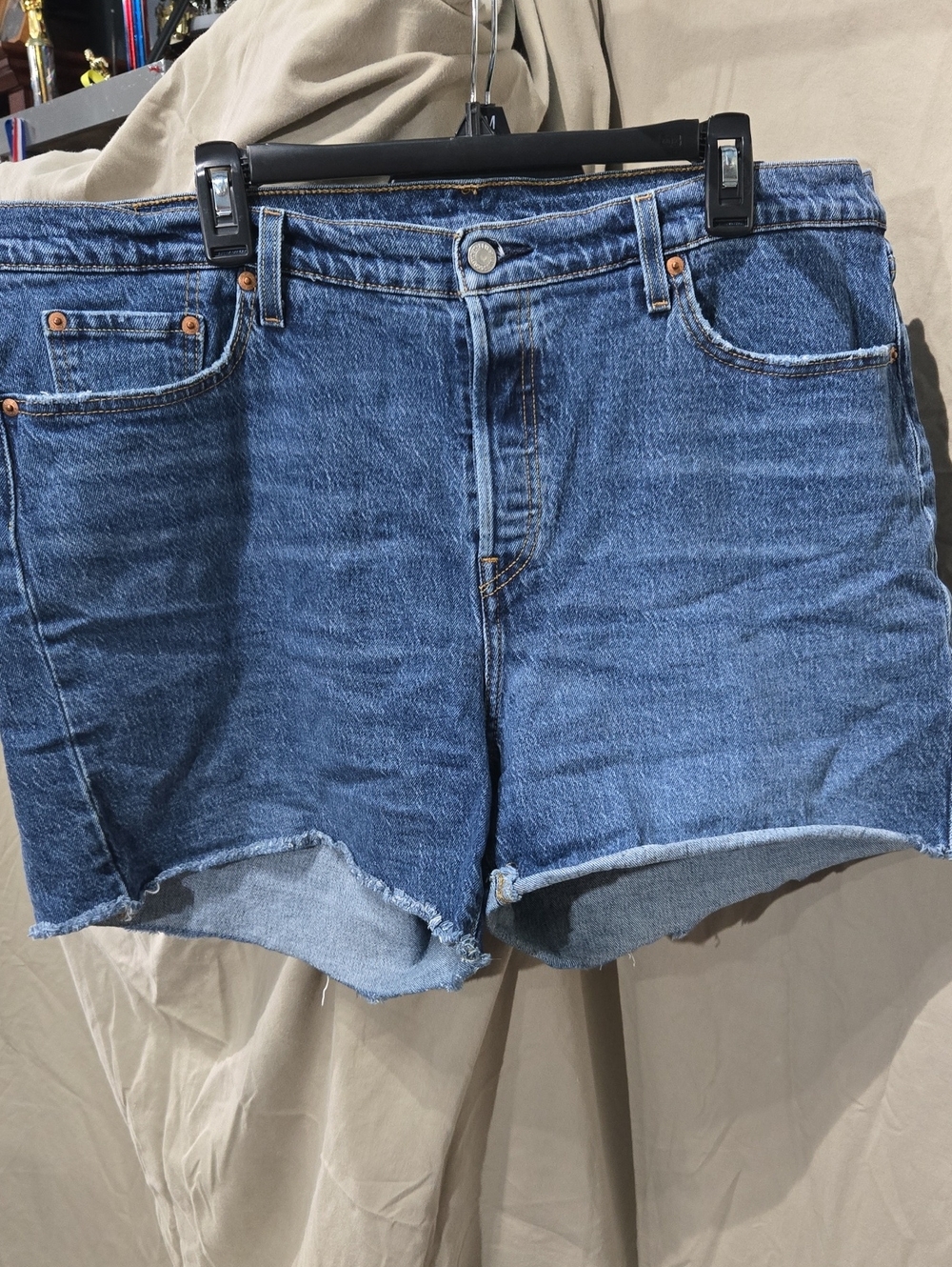 Women's Mid-Rise Button-fly Blue Denim Jean Shorts with Raw Hem